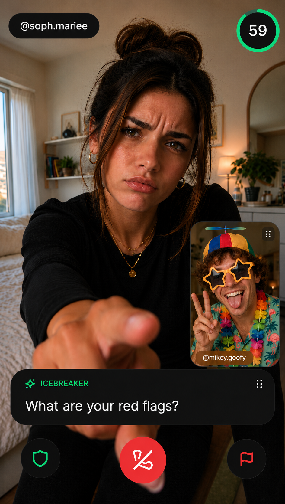 Live VibeCheck example showing a quick first-date question prompt