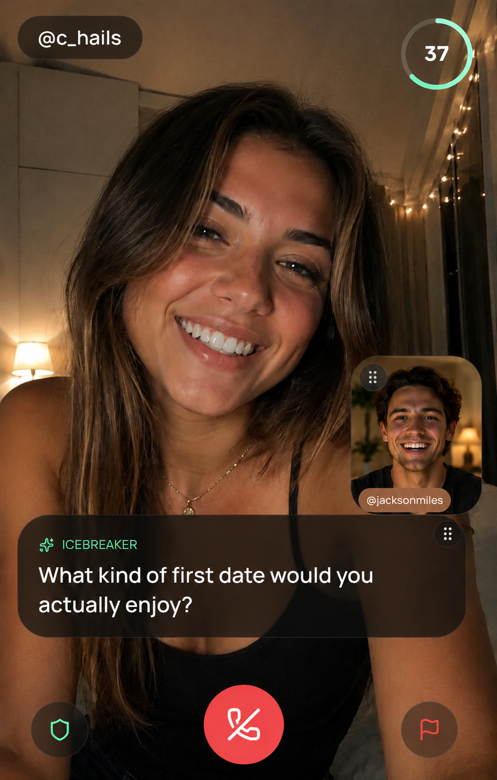 Live VibeCheck call preview showing a fast icebreaker moment