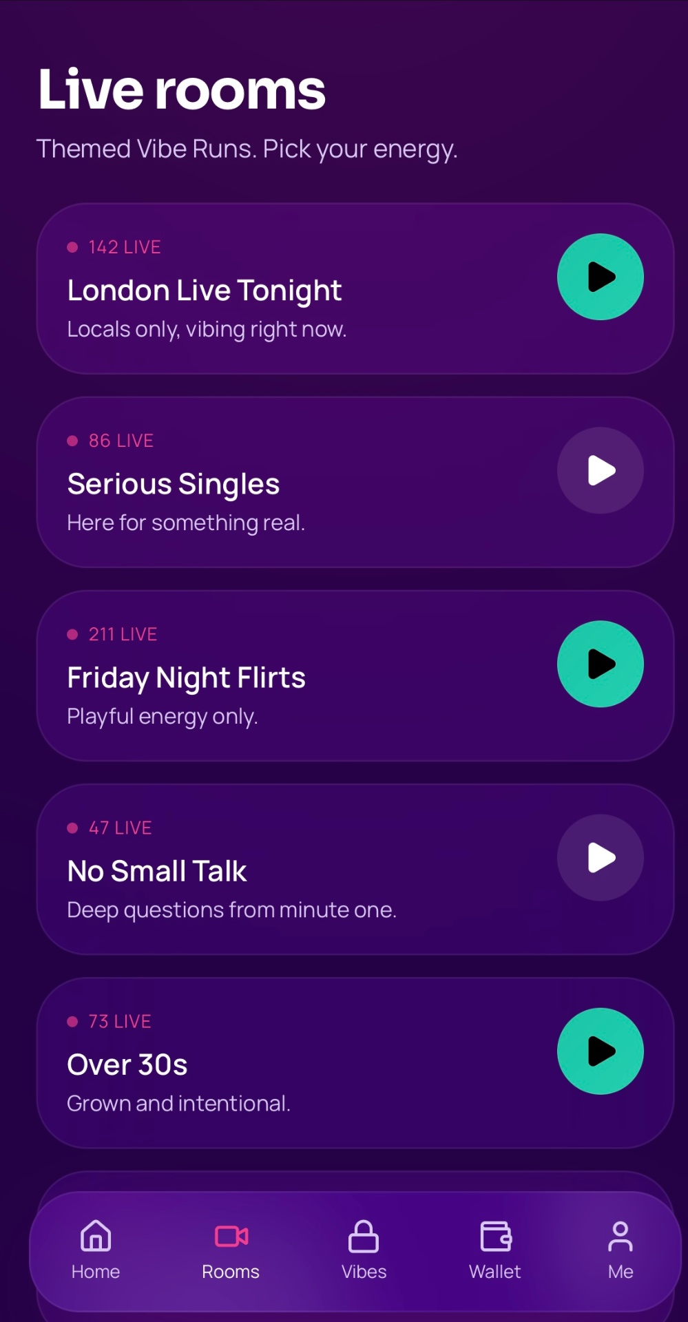 Live Rooms screen showing themed rooms and active participants